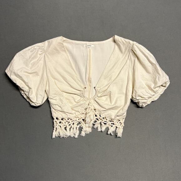 Tularosa Lexi‎ Crop Fringed Top Ivory Women's Medium Puff Summer Vacation - Picture 1 of 12